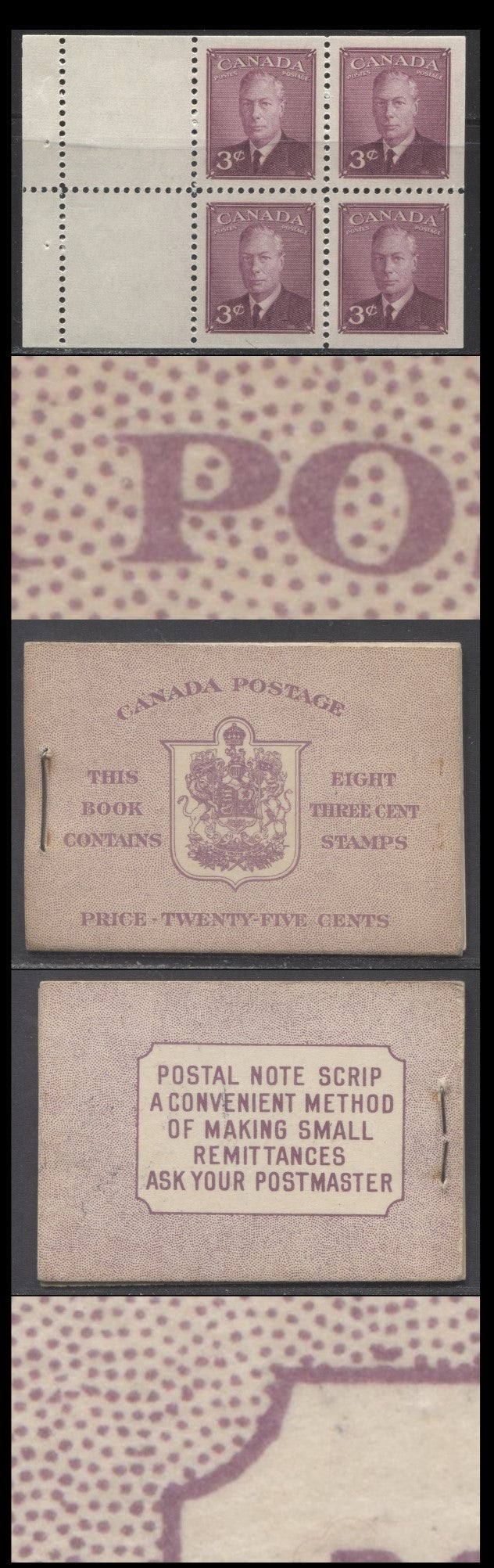 Canada #BK40aEIIeCai 1949-1951 KGVI Issue, A Complete 25c English Booklet With 3c Rose Violet, 2 Panes Of 4+2 Labels. Front Cover IIe, Back Cover Cai, Type I Cover, 7c & 5c Rates, 'Postmaster', 825,000 Issued