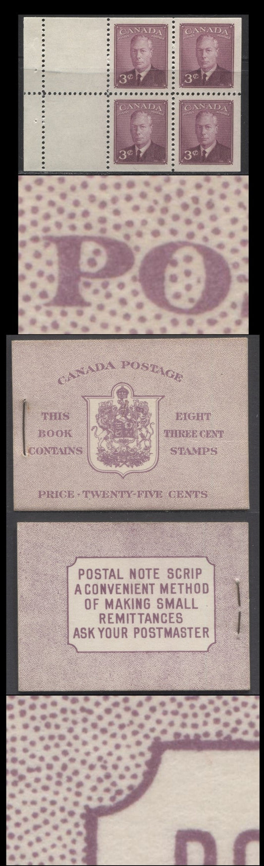 Canada #BK40aE 1949-1951 KGVI Issue, A Complete 25c English Booklet With 3c Rose Violet, 2 Panes Of 4+2 Labels. Front Cover IIe, Back Cover Caiii, Type I Cover, 7c & 5c Rates, 'Postmaster', 825,000 Issued