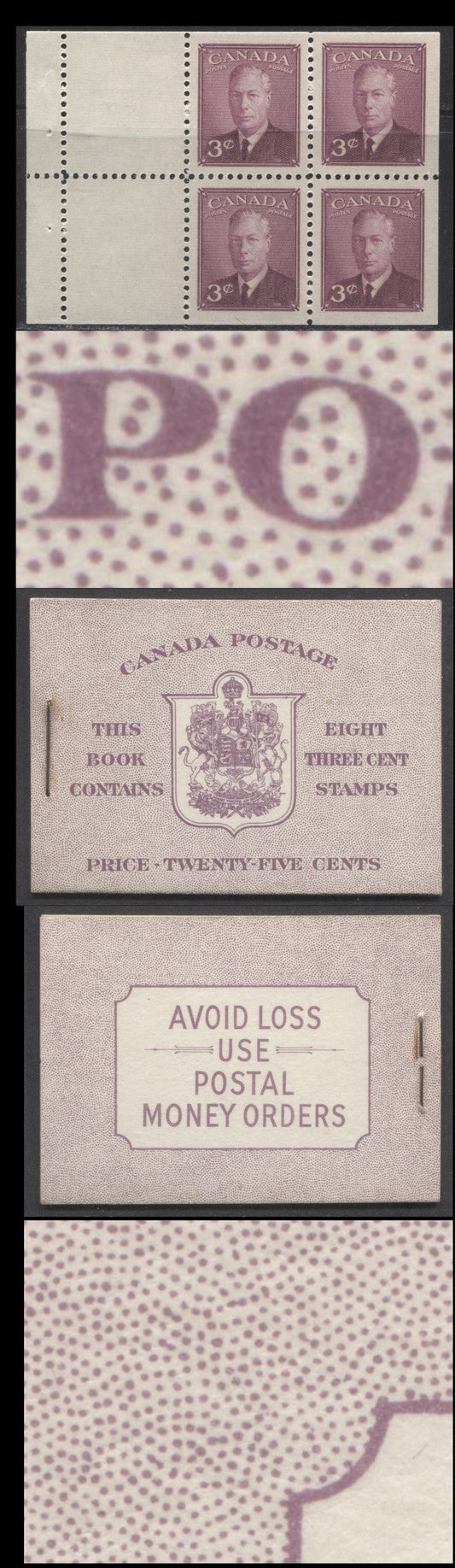 Canada #BK40bE 1949-1951 KGVI Issue, A Complete 25c English Booklet With 3c Rose Violet, 2 Panes Of 4+2 Labels. Front Cover IIe, Back Cover Eiii, Type II Cover, No Rate Page, 825,000 Issued