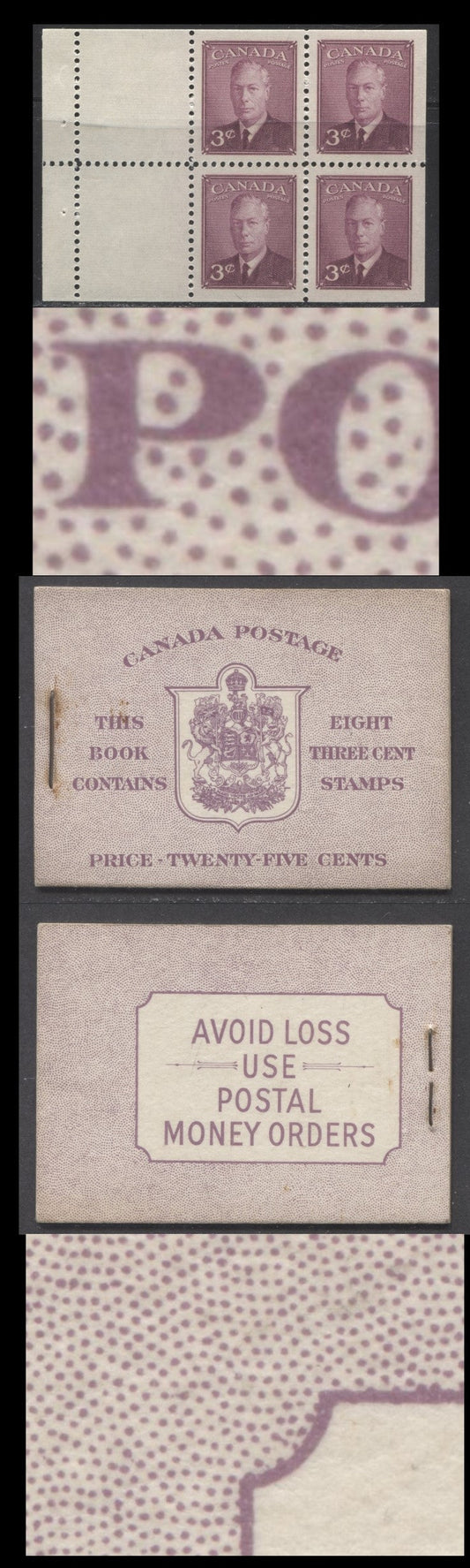 Canada #BK40bE 1949-1951 KGVI Issue, A Complete 25c English Booklet With 3c Rose Violet, 2 Panes Of 4+2 Labels. Front Cover IIe, Back Cover Eiv, Type II Cover, No Rate Page, 825,000 Issued