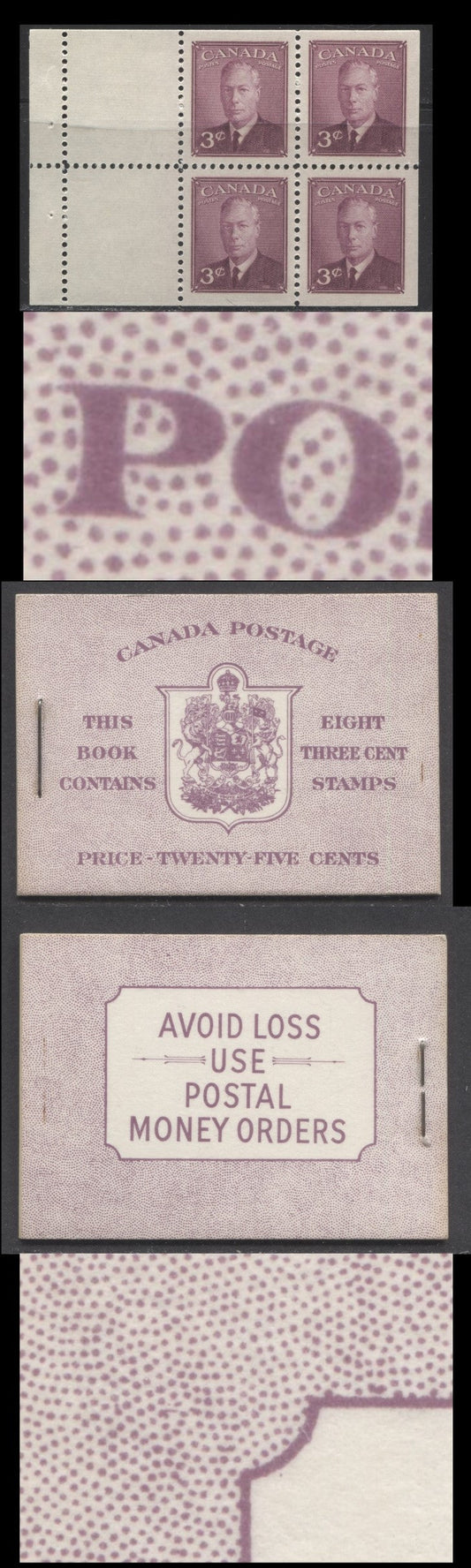 Canada #BK40bEIIfEi 1949-1951 KGVI Issue, A Complete 25c English Booklet With 3c Rose Violet, 2 Panes Of 4+2 Labels. Front Cover IIf, Back Cover Ei, Type II Cover, No Rate Page, 825,000 Issued