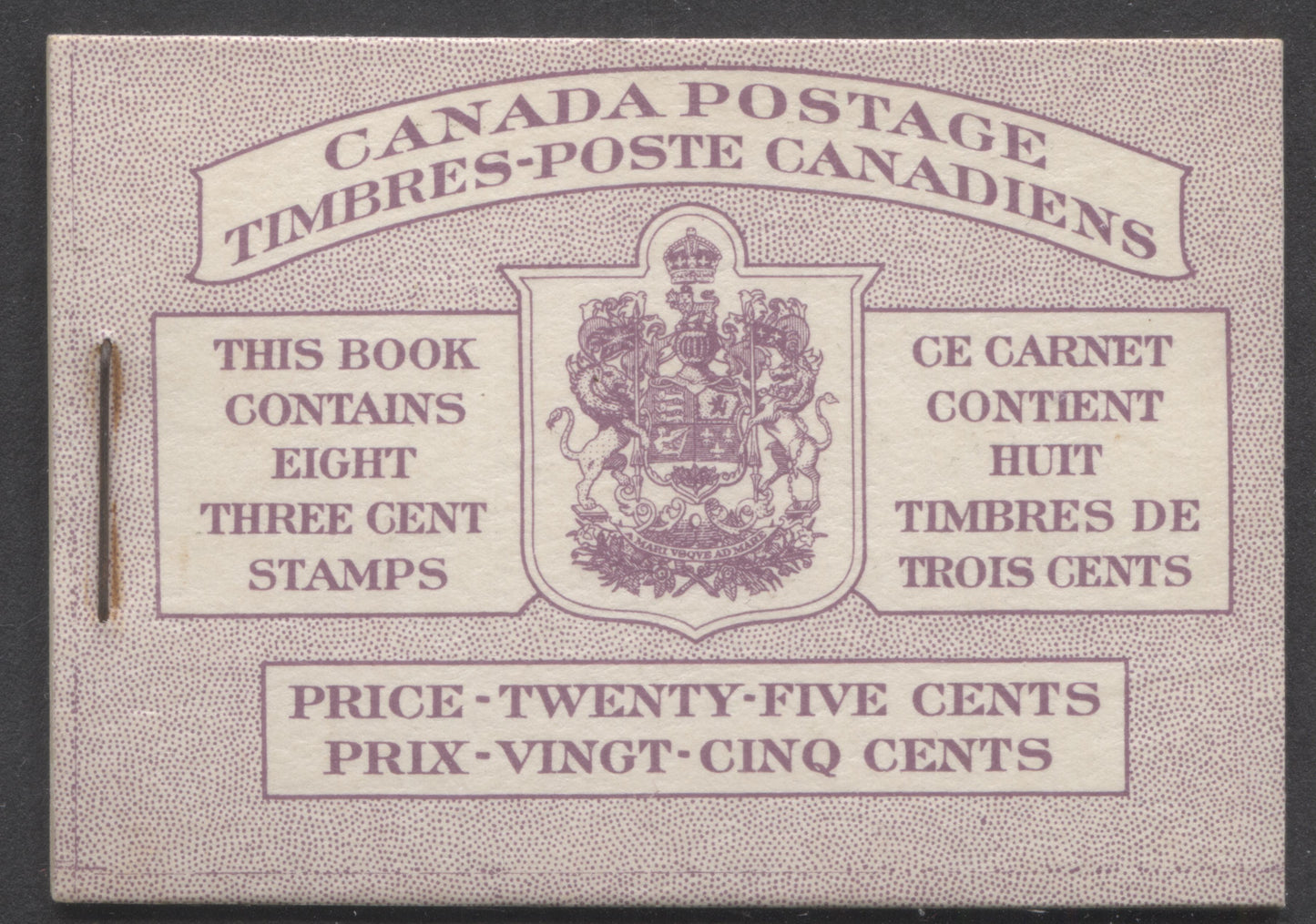 Canada #BK40bBIIIcGi 1949-1951 KGVI Issue, A Complete 25c Bilingual Booklet With 3c Rose Violet, 2 Panes Of 4+2 Labels. Front Cover IIIc, Back Cover Gi, Type II Cover, No Rate Page, Showing Die Join On The Bottom Front Cover,