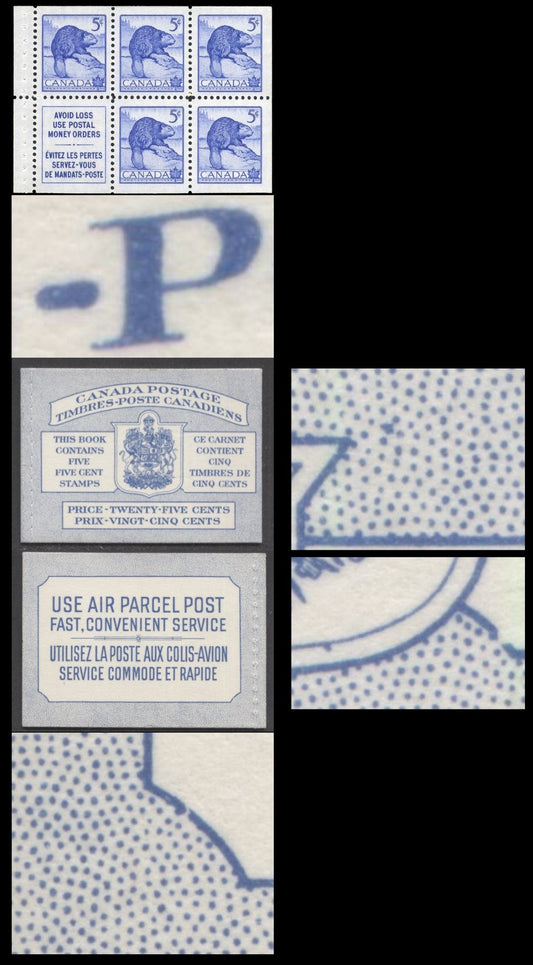 Canada #BK48bB 1954 Wildlife Issue, A Complete 25c Bilungual Booklet Made Up Of 5c Blue, One Pane Of 5+Label, Stitched Cover, Dot To UR Of Shield, Dot On Inner Frameline Of Shield & Break In Text Box, Horizontal Ribbed Paper