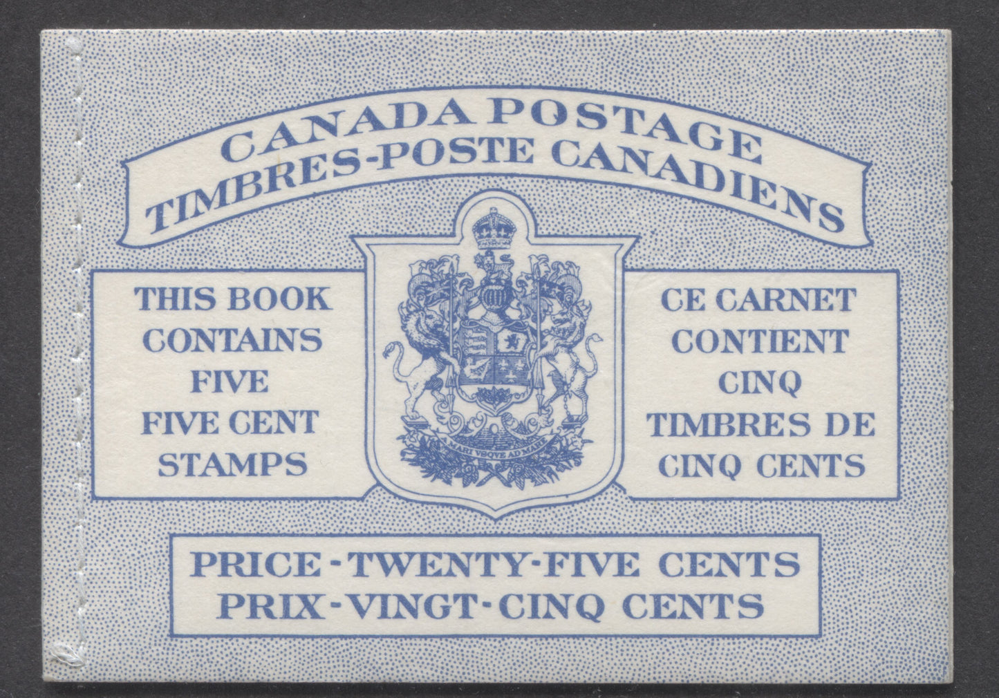 Canada #BK48bB 1954 Wildlife Issue, A Complete 25c Bilungual Booklet With 5c Blue, One Pane Of 5+Label, Stitched Cover, Flaw In 'O' Of Postage, Dot To UR Of Shield, Dot On Inner Frameline Of Shield & Break In Text Box, Horizontal Ribbed Paper