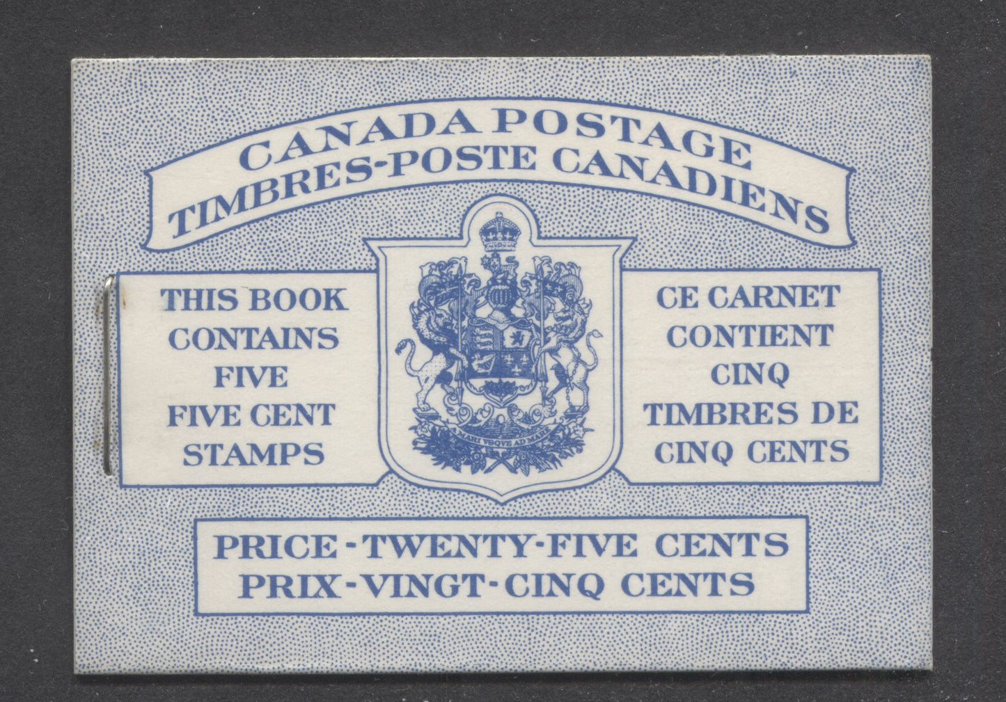 Canada #BK49B 1954 Wildlife Issue, A Complete 25c Bilungual Booklet Made Up Of 5c Blue, One Pane Of 5+Label, Front cover IIIg, Back Cover Mi, Type I Cover, Horizontal Ribbed Paper