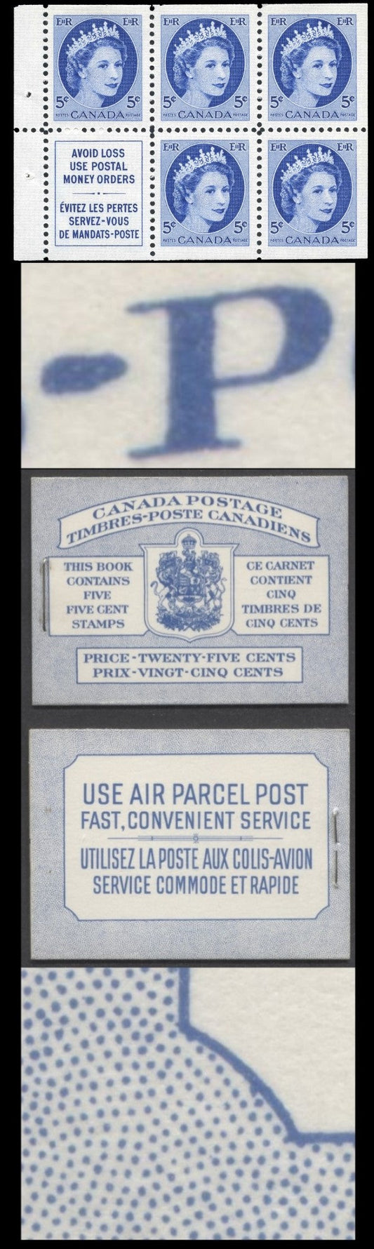 Canada #BK49B 1954 Wildlife Issue, A Complete 25c Bilungual Booklet Made Up Of 5c Blue, One Pane Of 5+Label, Front cover IIIg, Back Cover Mi, Type I Cover, Horizontal Ribbed Paper