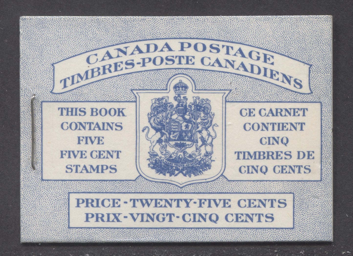 Canada #BK49B 1954 Wildlife Issue, A Complete 25c Bilungual Booklet Made Up Of 5c Blue, One Pane Of 5+Label, Front cover IIIh, Back Cover Mii, Type I Cover, Horizontal Ribbed Paper, Dot To UR Of Shield & On Inside Frameline Of Shield