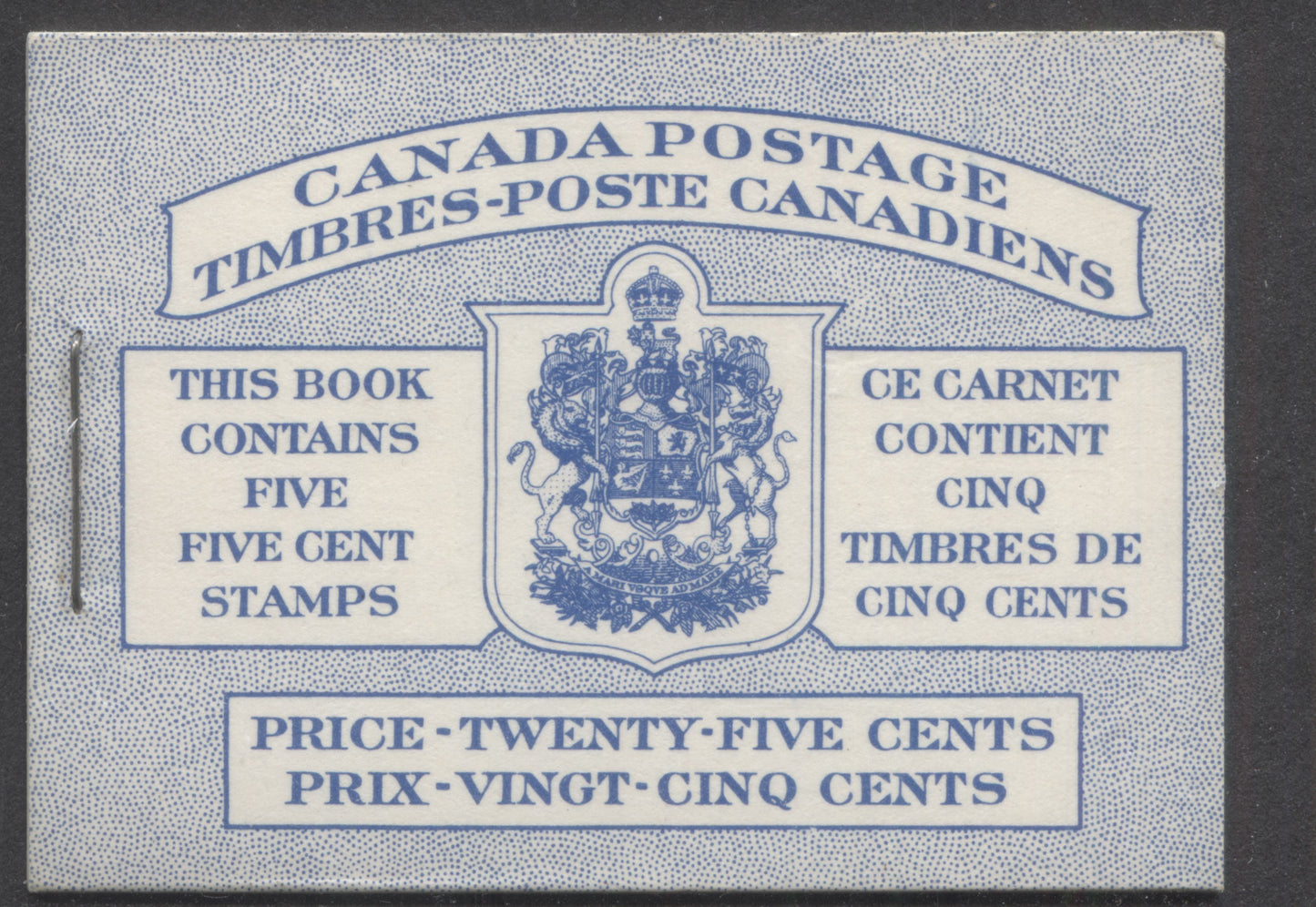 Canada #BK49B 1954 Wildlife Issue, A Complete 25c Bilungual Booklet With 5c Blue, One Pane Of 5+Label, Front cover IIIh, Back Cover Mi, Type I Cover, Horizontal Ribbed Paper, Dot To Ur Of Shield Retouched & Dot On Inner Frameline Of Shield