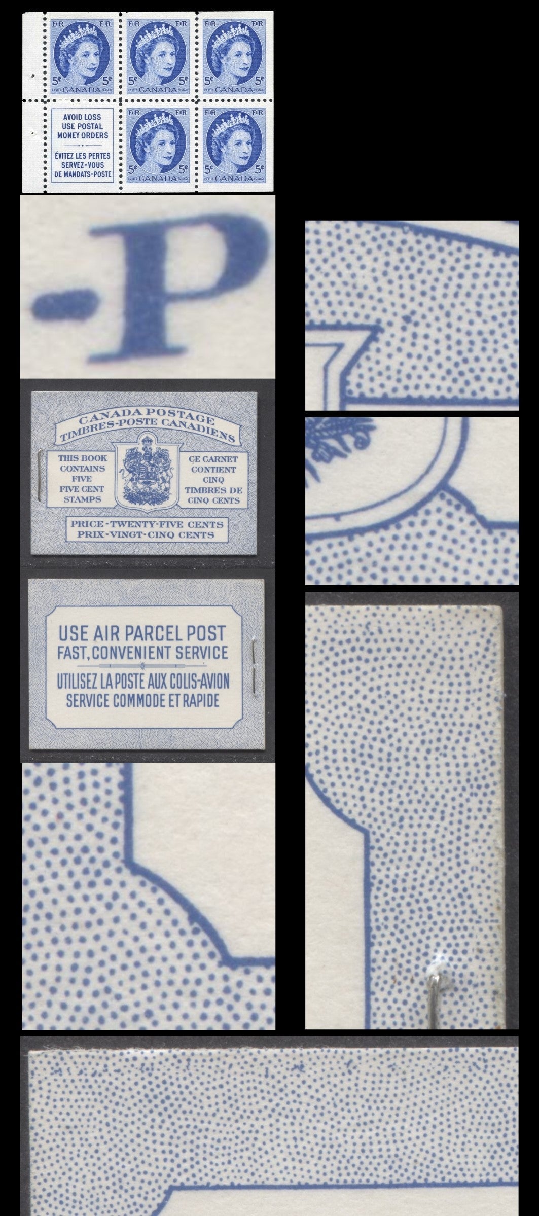 Canada #BK49B 1954 Wildlife Issue, A Complete 25c Bilungual Booklet Made Up Of 5c Blue, One Pane Of 5+Label, Front cover IIIh, Back Cover Mi, Type I Cover, Horizontal Ribbed Paper, 16mm Staple, Dots To UR Of Shield & Inside Frameline, Die Joins