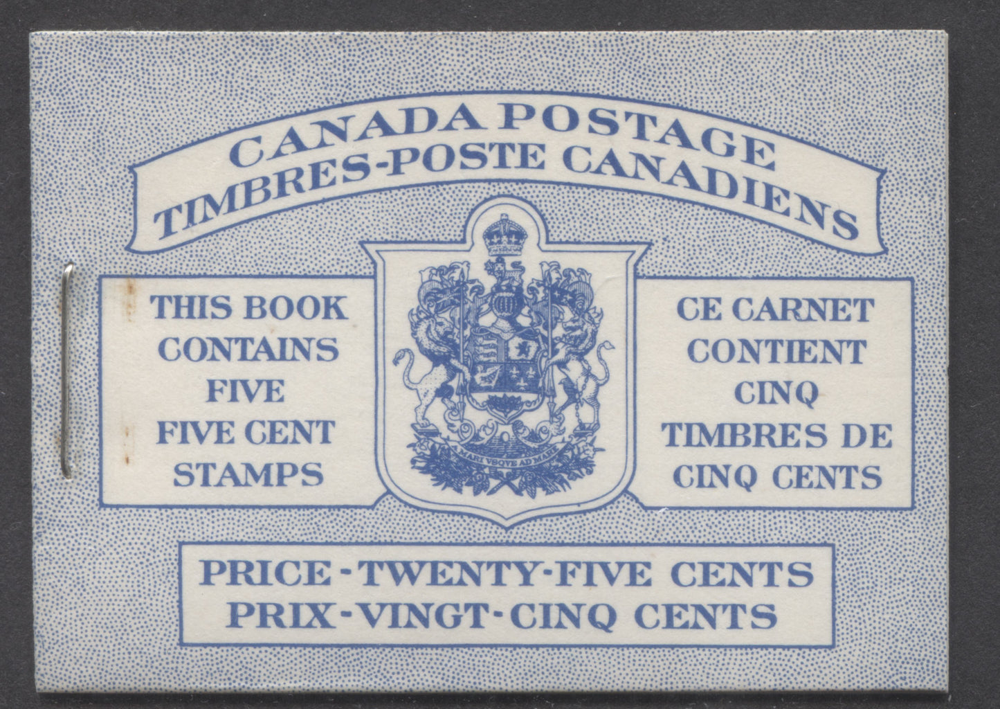 Canada #BK49B 1954 Wildlife Issue, A Complete 25c Bilungual Booklet Made Up Of 5c Blue, One Pane Of 5+Label, Front cover IIIh, Back Cover Mi, Type I Cover, Horizontal Ribbed Paper, Dot To UR Of Shield And On Inner Frameline & Die Joins