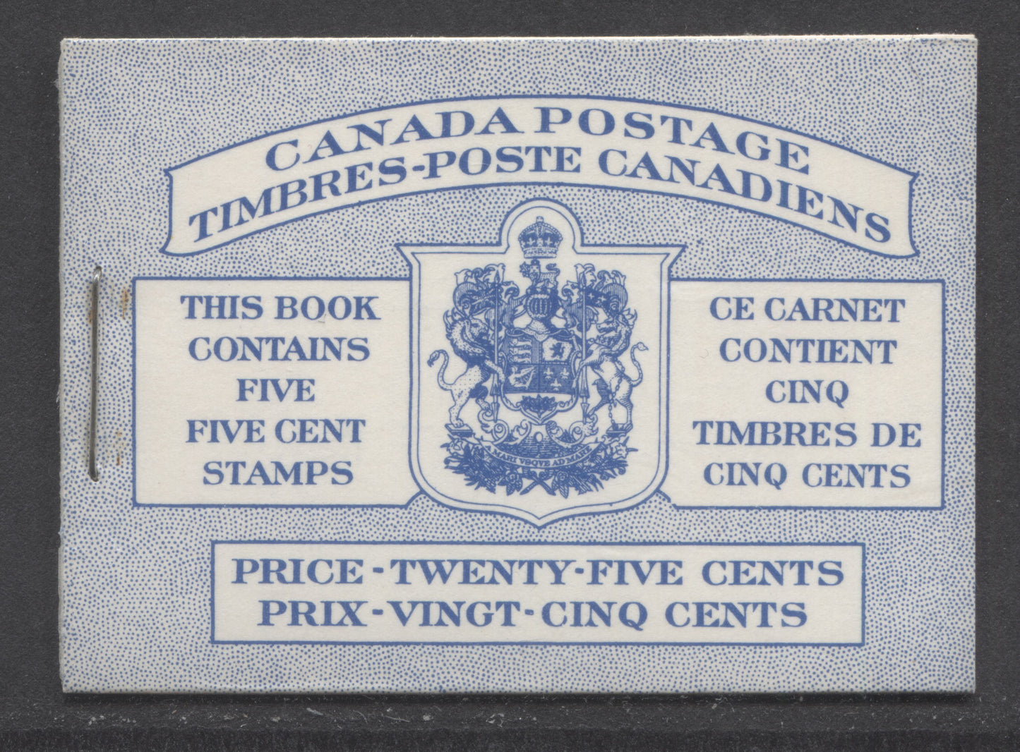 Canada #BK49B 1954 Wildlife Issue, A Complete 25c Bilungual Booklet Made Up Of 5c Blue, One Pane Of 5+Label, Front cover IIIh, Back Cover Mii, Type I Cover, Horizontal Ribbed Paper, 16mm Staple, Dots & Break In Text Box