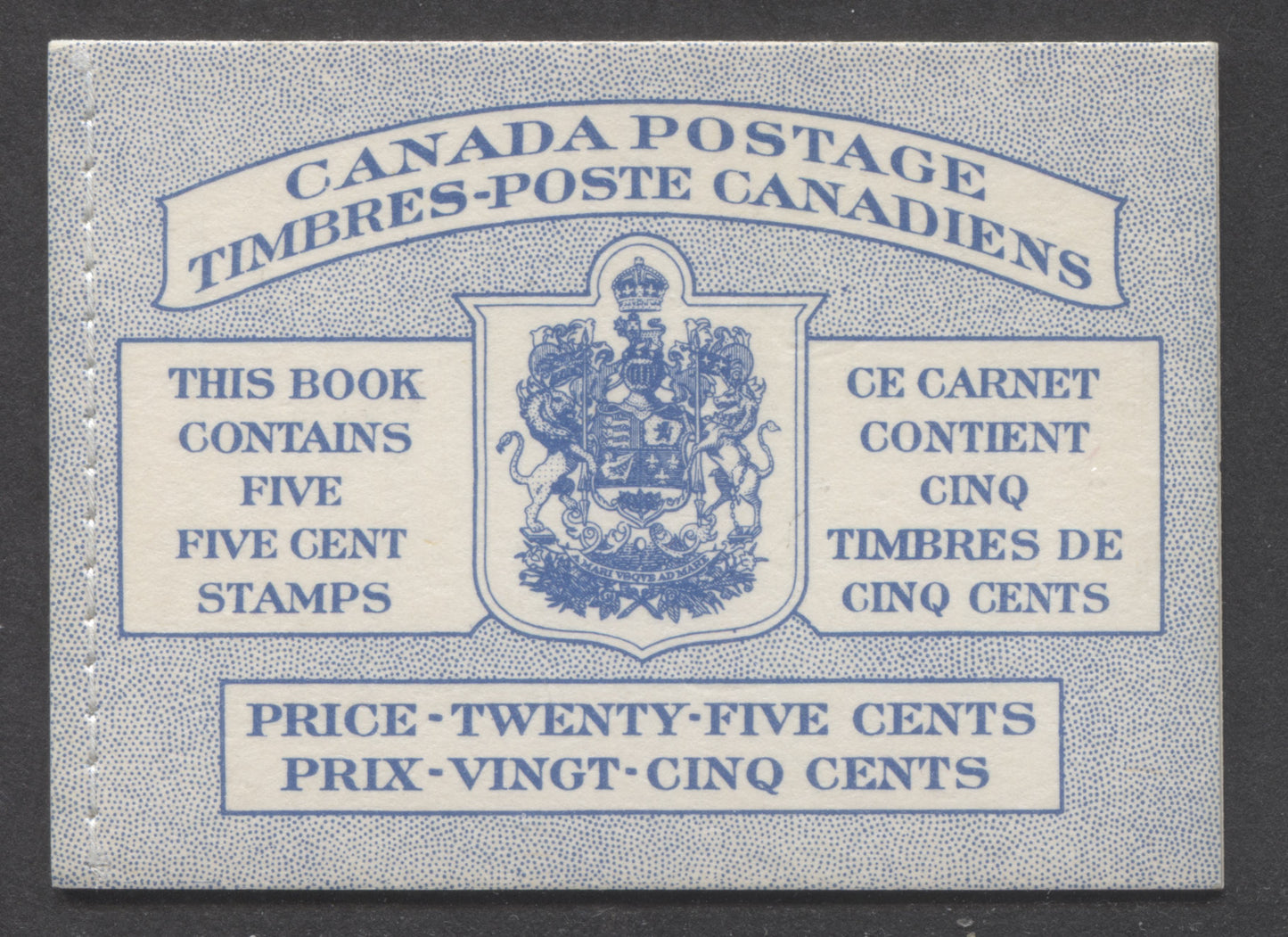 Canada #BK49B 1954 Wilding Issue, A Complete 25c Bilingual Booklet Made Up Of 5c Blue, One Pane Of 5+Label, Front Cover IIIh, Back Cover Mi, Type I Cover, Horizontal Ribbed Paper, Stitched Cover, With Dot Varieties