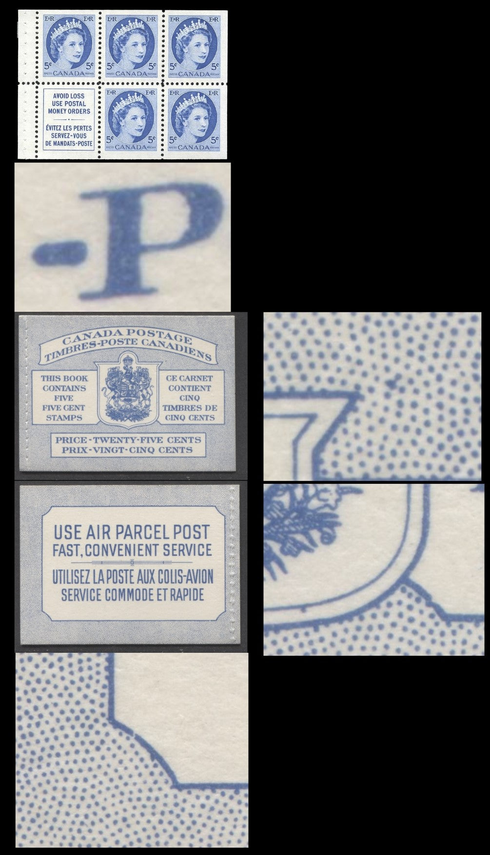 Canada #BK49B 1954 Wilding Issue, A Complete 25c Bilingual Booklet Made Up Of 5c Blue, One Pane Of 5+Label, Front Cover IIIh, Back Cover Mi, Type I Cover, Horizontal Ribbed Paper, Stitched Cover, With Dot Varieties