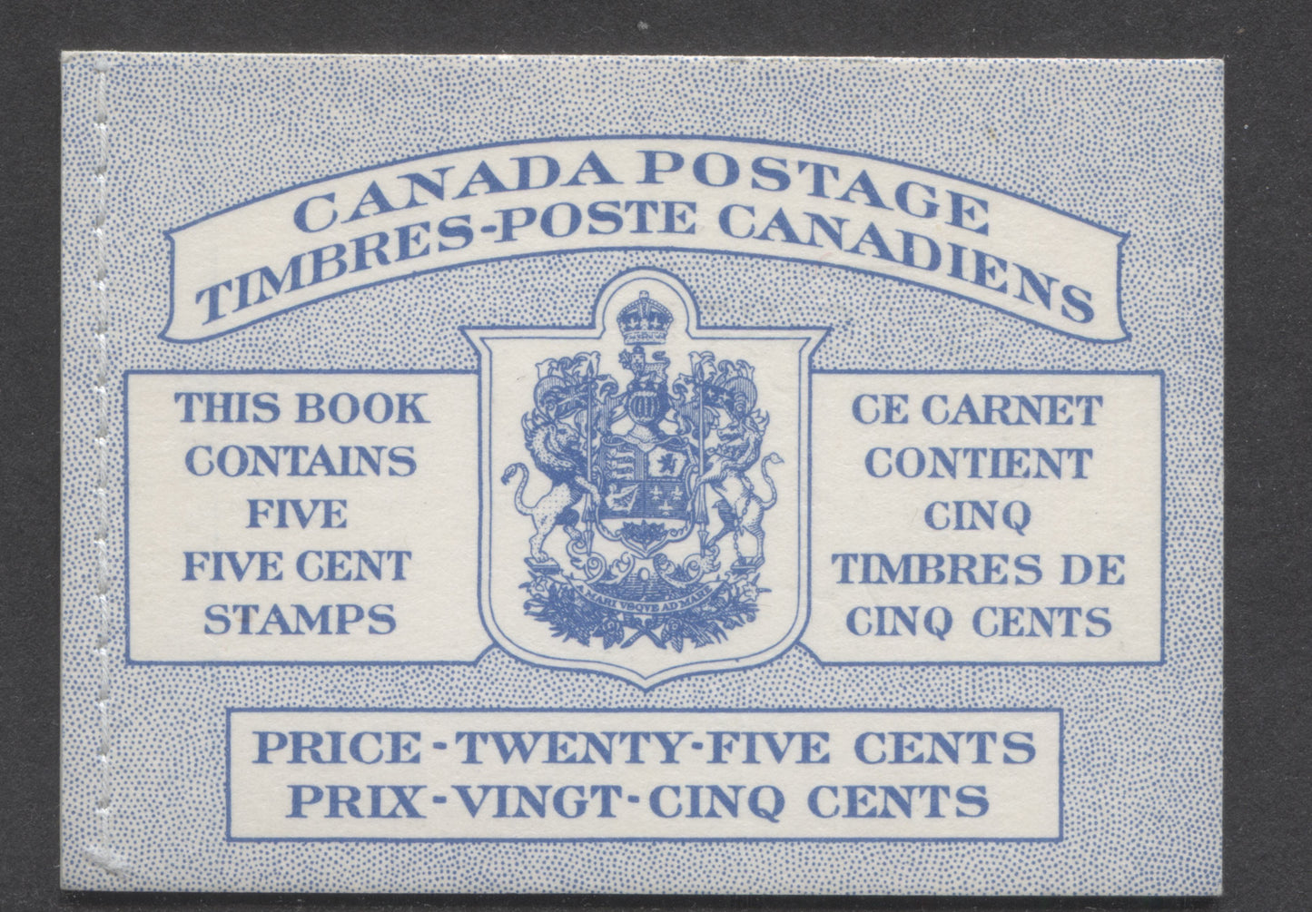 Canada #BK49B 1954 Wilding Issue, A Complete 25c Bilingual Booklet Made Up Of 5c Blue, One Pane Of 5+Label, Front Cover IIIh, Back Cover Mii, Type I Cover, Horizontal Ribbed Paper, Stitched Cover, With Dot Varieties