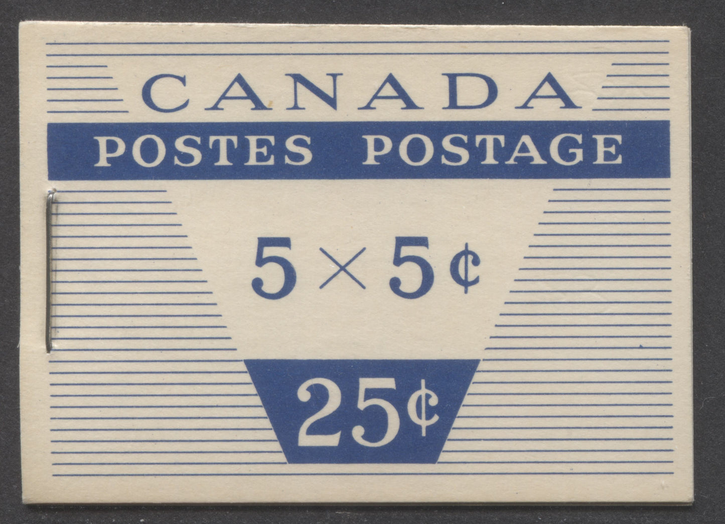 Canada #BK49cB 1954 Wilding Issue, A Complete 25c Bilingual Booklet Made Up Of 5c Blue, One Pane Of 5+Label, Type II Cover With Smooth Paper, 16mm Staple