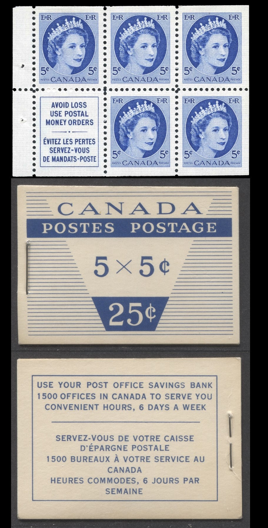 Canada #BK49cB 1954 Wilding Issue, A Complete 25c Bilingual Booklet Made Up Of 5c Blue, One Pane Of 5+Label, Type II Cover With Smooth Paper, 16mm Staple