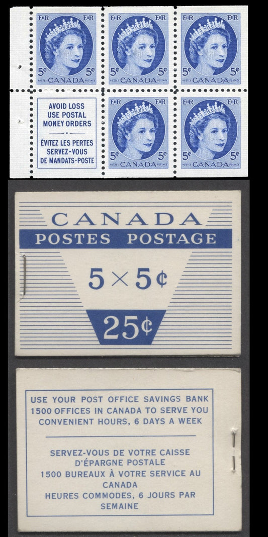 Canada #BK49m 1954 Wilding Issue, A Complete 25c Bilingual Booklet Made Up Of 5c Blue, One Pane Of 5+Label, Type II Cover With Dull Fluorescent Smooth Paper, 12mm Staple