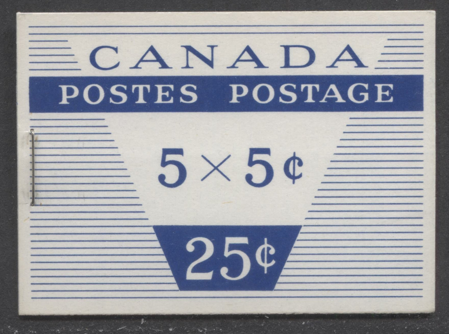 Canada #BK49mvar 1954 Wilding Issue, A Complete 25c Bilingual Booklet Made Up Of 5c Blue, One Pane Of 5+Label, Type II Cover With DF Smooth Paper, 12mm Staple, Back Cover Is DF With Very Sparce LF Fibers