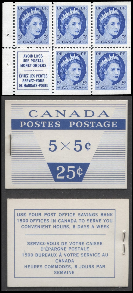 Canada #BK49mvar 1954 Wilding Issue, A Complete 25c Bilingual Booklet Made Up Of 5c Blue, One Pane Of 5+Label, Type II Cover With LF Smooth Paper, 12mm Staple