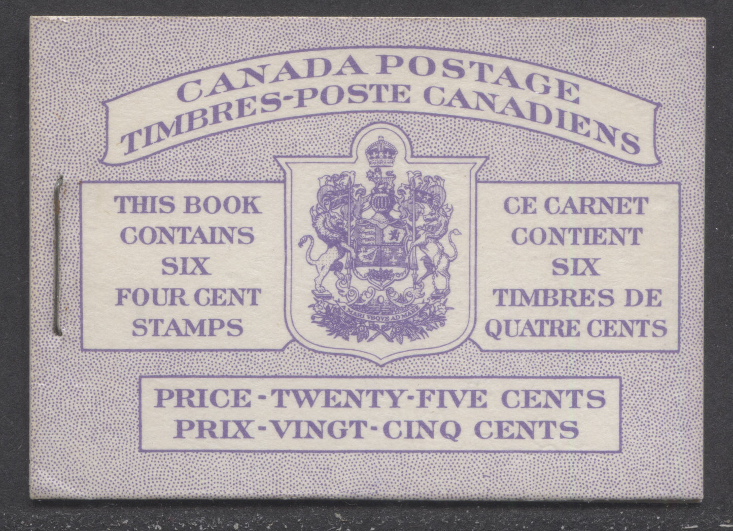 Canada #BK50 1954 Wilding Issue, A Complete 25c Bilingual Booklet Made Up Of 4c Violet, Pane Of 6, Front Cover IIIe, Back Cover Mi, 16mm Staple, DF Pane