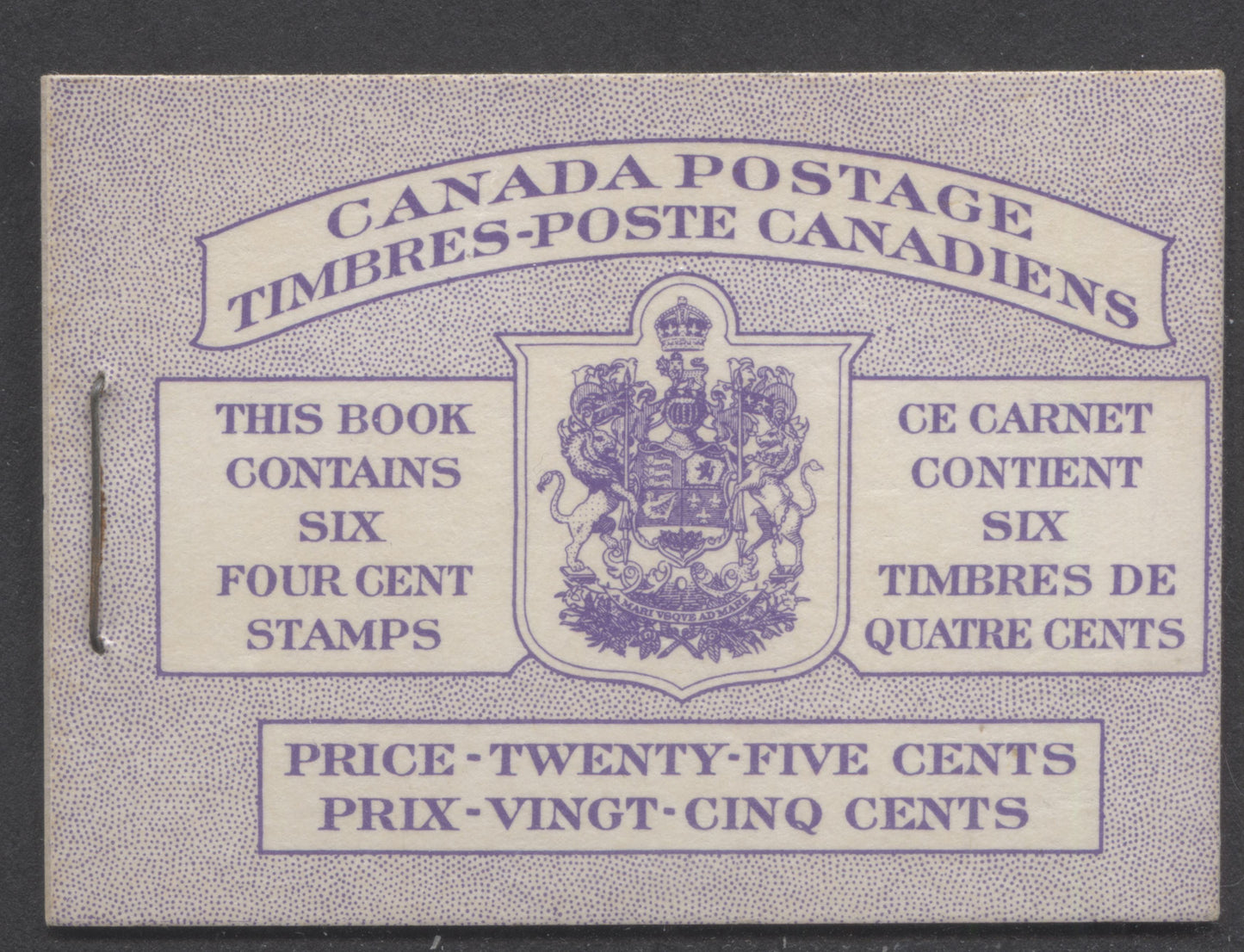 Canada #BK50 1954 Wilding Issue, A Complete 25c Bilingual Booklet Made Up Of 4c Violet, Pane Of 6, Front Cover IIIf, Back Cover Mi, DF Horizontal Ribbed Pane, Dot Varieties