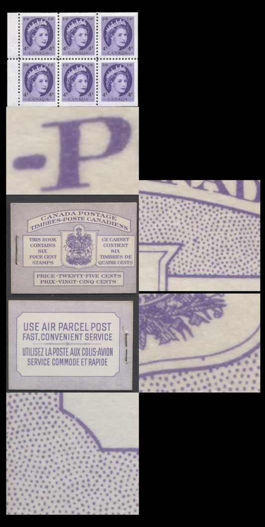 Canada #BK50 1954 Wilding Issue, A Complete 25c Bilingual Booklet Made Up Of 4c Violet, Pane Of 6, Front Cover IIIf, Back Cover Mi, DF Horizontal Ribbed Pane, Dot Varieties