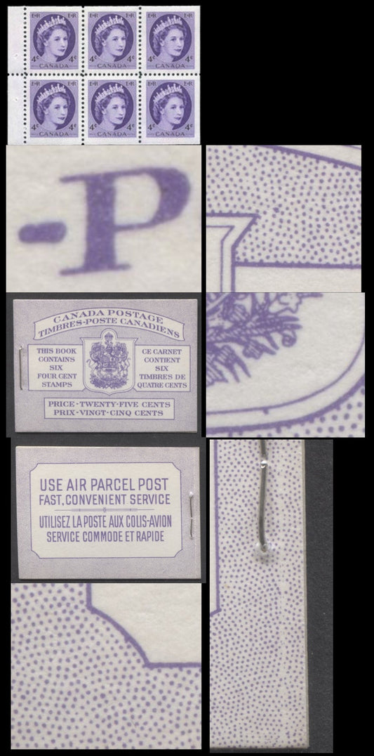 Canada #BK50 1954 Wilding Issue, A Complete 25c Bilingual Booklet Made Up Of 4c Violet, Pane Of 6, Front Cover IIIf, Back Cover Mi, Horizontal Ribbed Paper, Dot Varieties & Die Pattern Join On Right Side Of Back Cover