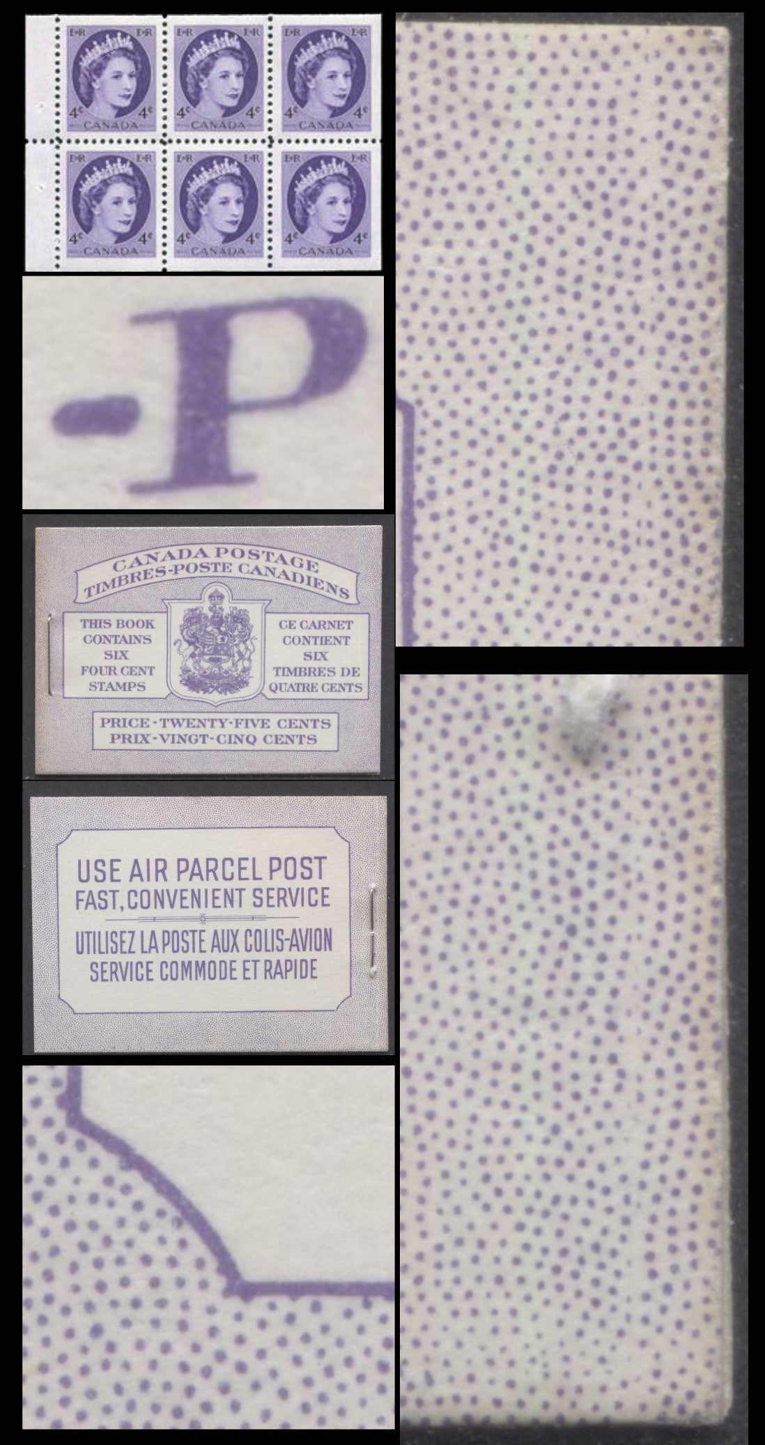 Canada #BK50var 1954 Wilding Issue, A Complete 25c Bilingual Booklet Made Up Of 4c Violet, Pane Of 6, Front Cover IIIf, Back Cover Mii, Horizontal Ribbed Paper, Die Join At Right On Back Cover