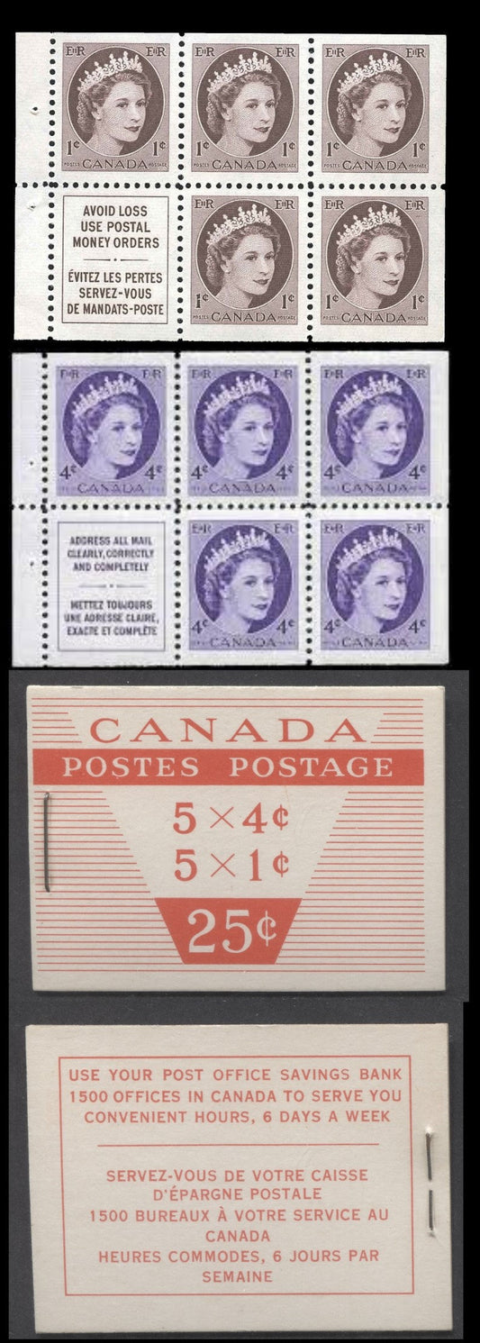 Canada #BK51a 1954 Wilding Issue, A Complete 25c Bilingual Booklet Made Up Of 1c Violet Brown & 4c Violet, 2 Panes Of 5+Label, Type II Cover, Horizontal Ribbed Paper