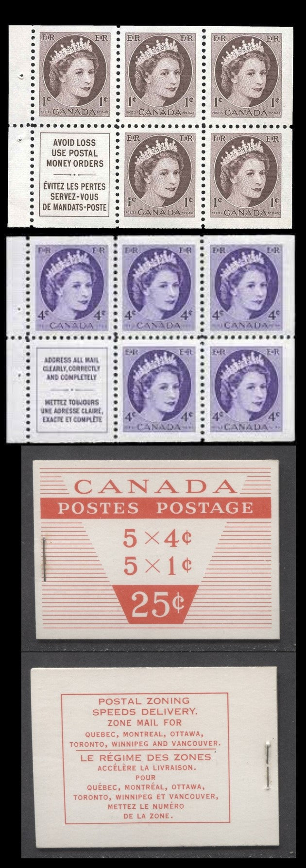 Canada #BK51k 1954 Wilding Issue, A Complete 25c Bilingual Booklet Made Up Of 1c Violet Brown & 4c Violet, 2 Panes Of 5+Label, Type III Cover, 1c MF-fl & 4c DF Smooth Panes