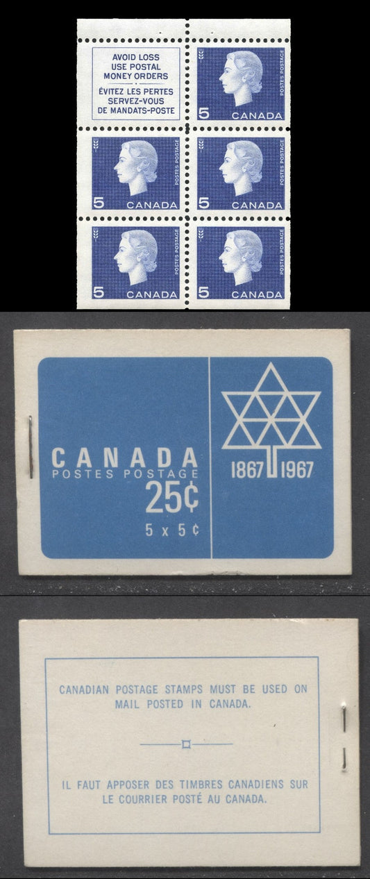 Canada #BK52e 1962-1967 Cameo Issue, A Complete 25c Bilingual Booklet Made Up Of 5c Blue, One Pane Of 5+Label, Centennial Cover With DF Interleaf, DF Pane