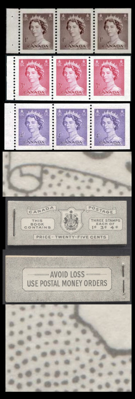 Canada #BK47EIVdIii 1953 Karsh Issue, A Complete 25c English Booklet Made Up Of 1c Violet Brown, 3c Carmine Rose, 4c Violet, 3 Panes Of 3, Front Cover IVd, Back cover Iii, Type II Cover, No Rate Page