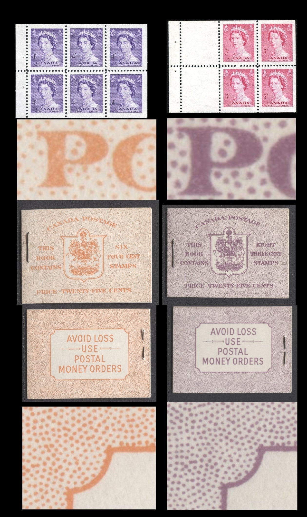 Canada #BK45E & BK46E 1953 Karsh Issue, 2 Complete 25c English Booklet Made Up Of 4c Violet, 1 Pane Of 6 & 3c Carmine Rose, 2 Panes Of 4+Labels, Front Cover IIe & Iii, Back Covers Eiii, Type II Covers, No Rate Pages