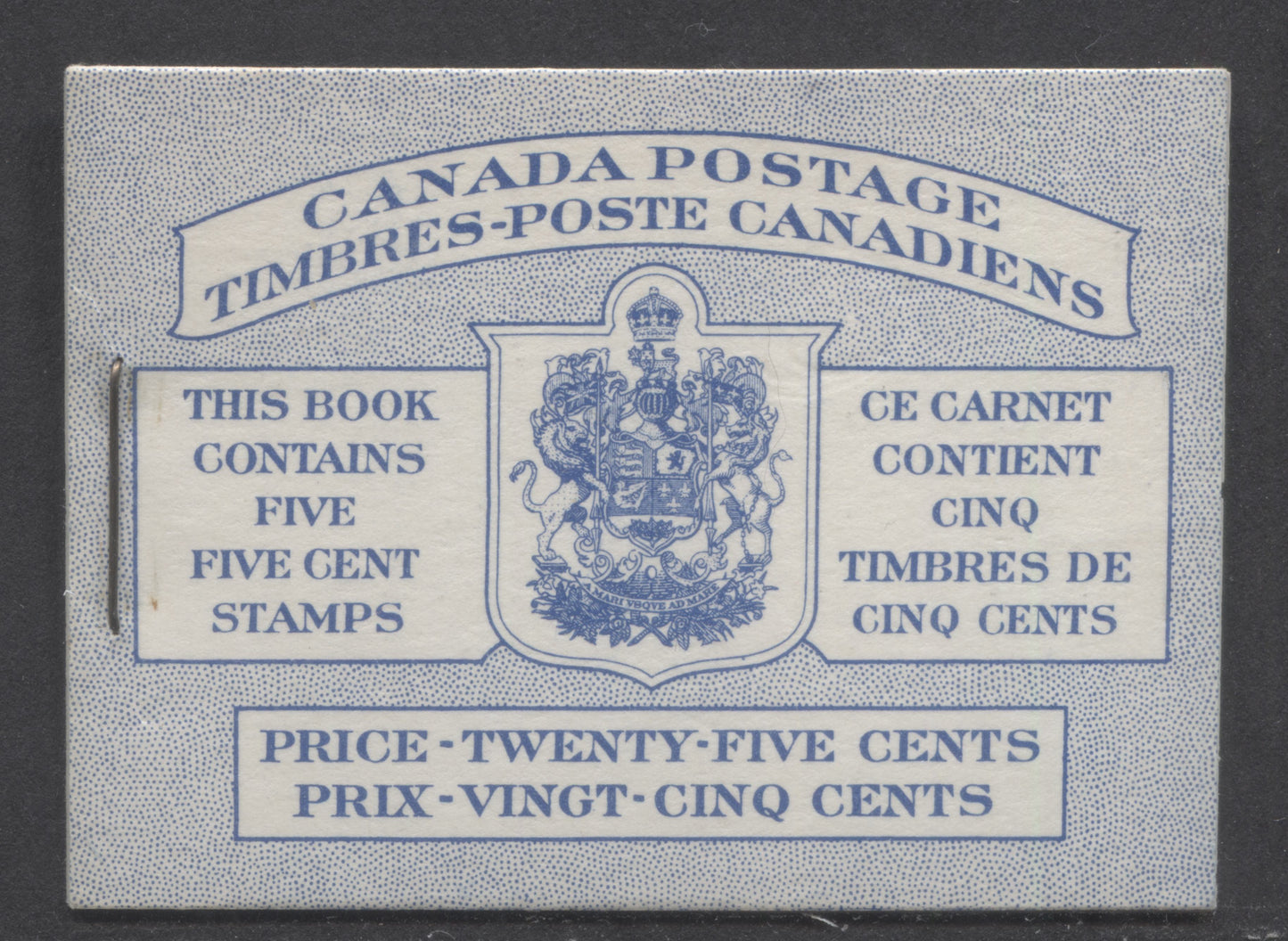 Canada #BK48aB 1954 Wildlife Issue, A Complete 25c Bilingual Booklet Made Up Of 5c Blue, One Pane Of 5+Label, Front cover IIIg, Back Cover Mii, Type II Cover, Dot To UR Of Shield Burnished Out But Dot On Inner Frameline Remains