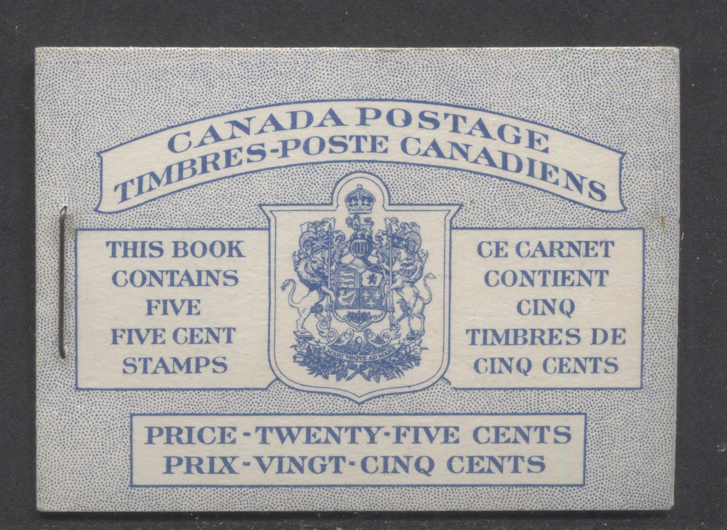 Canada #BK48aB 1954 Wildlife Issue, A Complete 25c Bilingual Booklet Made Up Of 5c Blue, One Pane Of 5+Label, Front cover IIIh, Back Cover Mii, Type II Cover, Break In Right Text Box & Dots