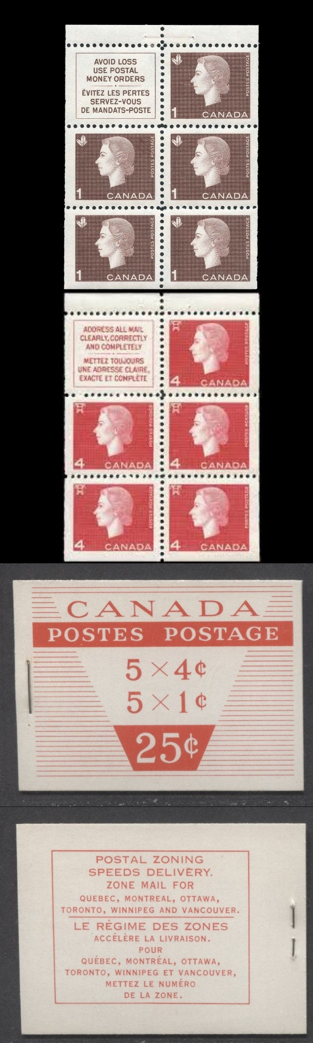 Canada #BK53c 1962-1967 Cameo Issue, A Complete 25c Bilingual Booklet Made Up Of 1c Brown & 4c Carmine, 2 Panes Of 5+Labels, Type III Cover, DF Interleaf, DF Panes