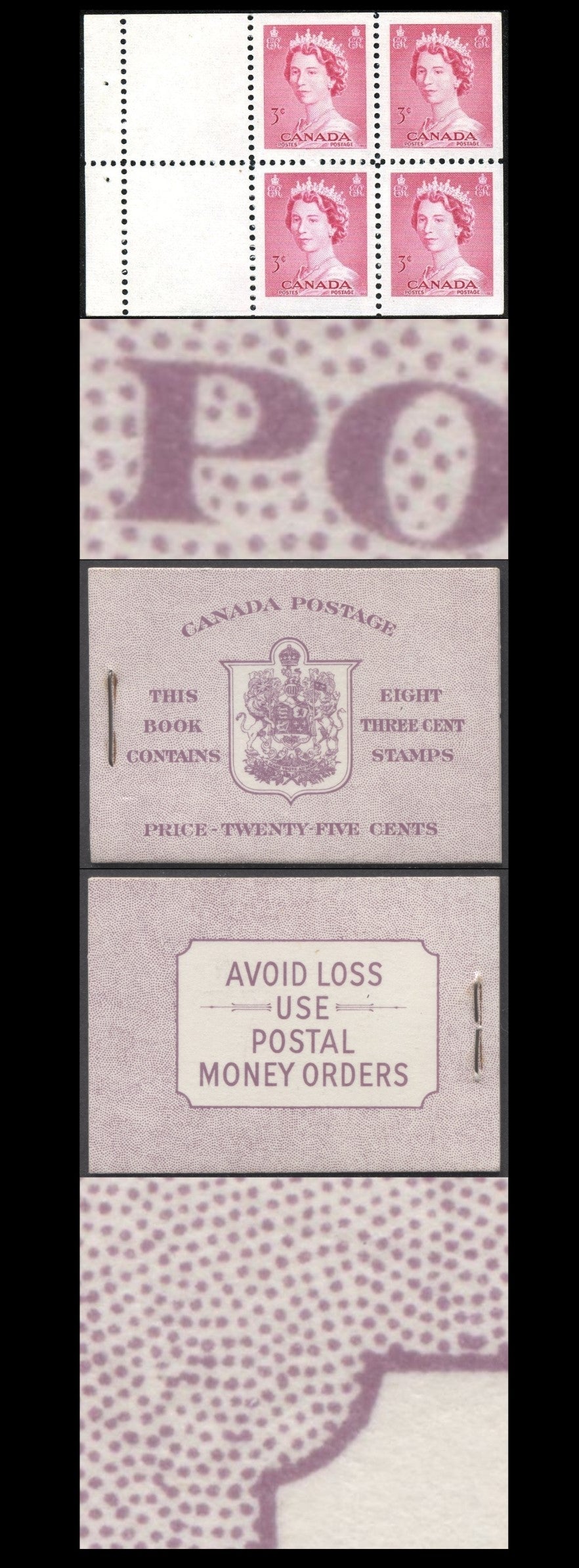 Canada #BK46E 1953 Karsh Issue, A Complete 25c English Booklet Made Up Of 3c Carmine Rose, 2 Panes Of 4+2 Labels, Front Cover IIf, Back Cover Ei, Type II Cover, No Rate Page