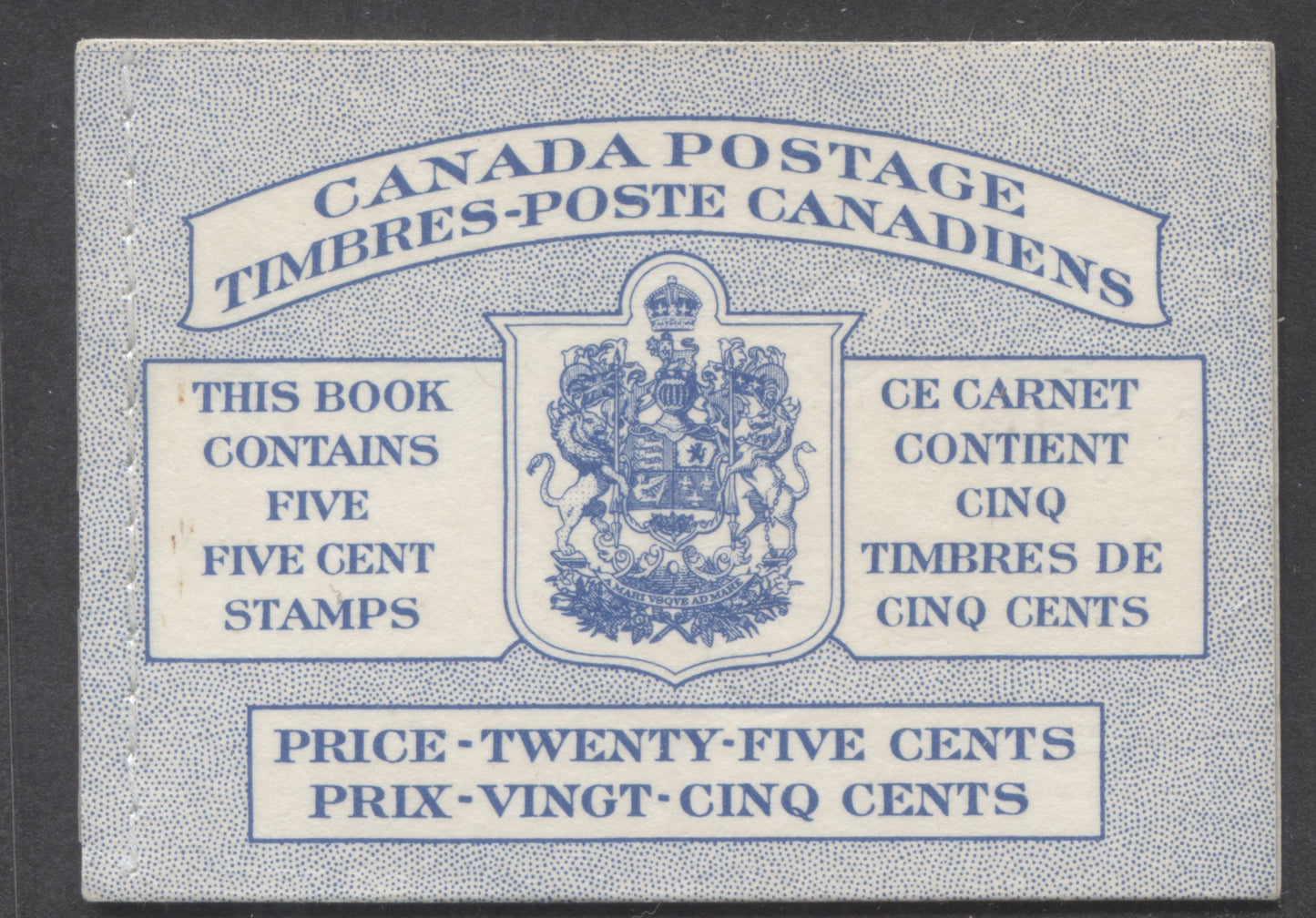 Canada #BK48bB 1954 Wildlife Issue, A Complete 25c Bilingual Booklet Made Up Of 5c Blue, One Pane Of 5+Label, Front cover IIIh, Back Cover Mi, Type II Cover, Horizontal Ribbed Paper, Stitched Cover, Dot & Retouched Dot Varieties