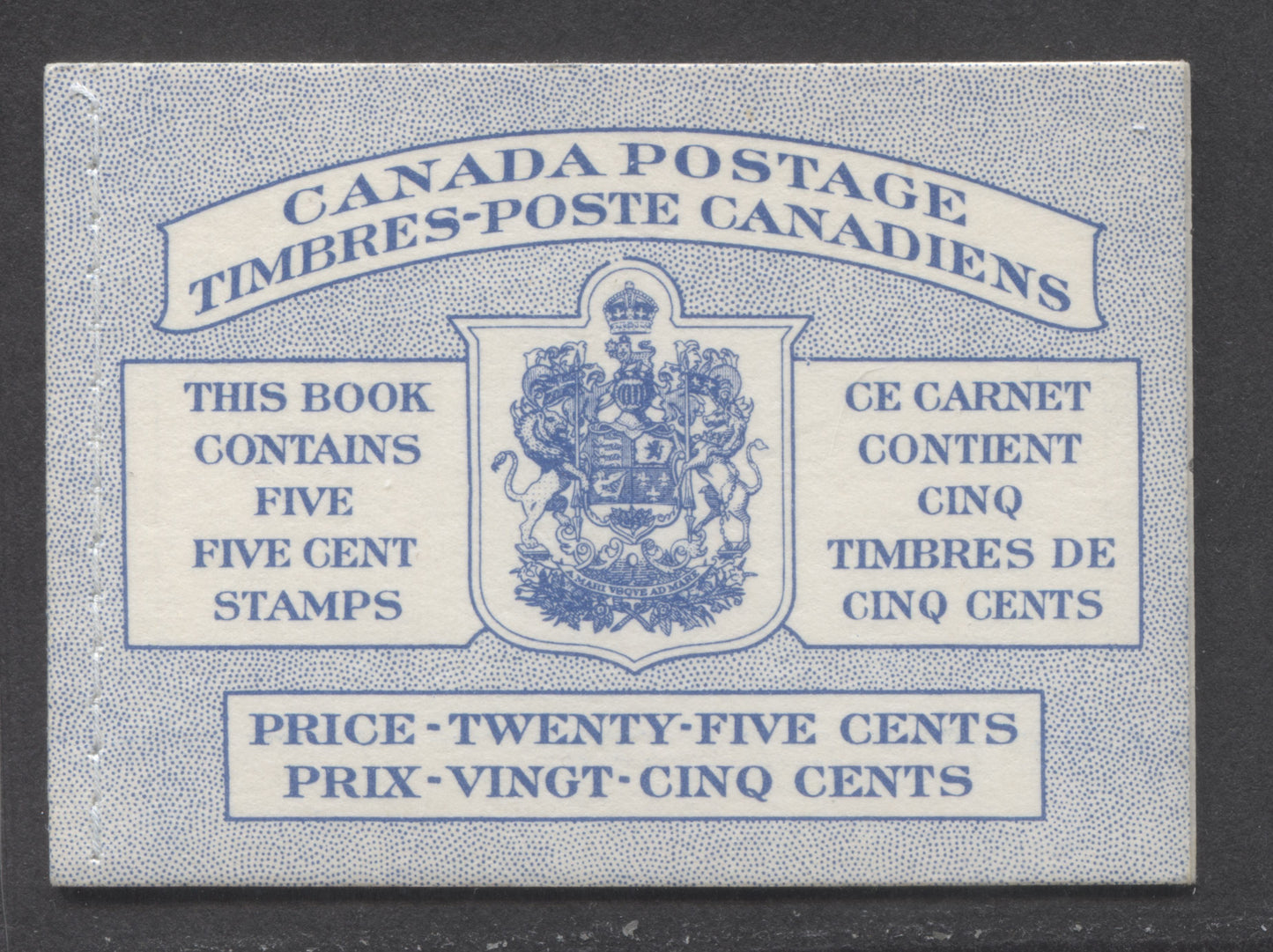 Canada #BK48bB 1954 Wildlife Issue, A Complete 25c Bilingual Booklet Made Up Of 5c Blue, One Pane Of 5+Label, Front cover IIIg, Back Cover Mi, Type II Cover, Horizontal Ribbed Paper, Stitched Cover, Shield Broken At Top