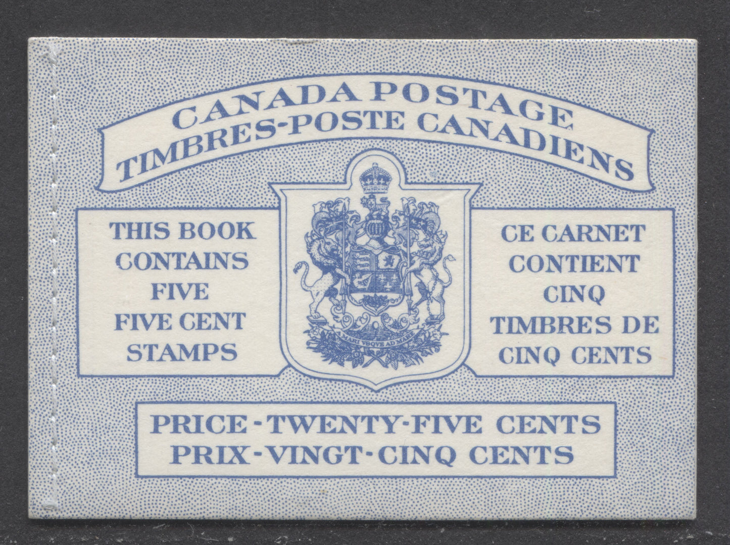 Canada #BK48bB 1954 Wildlife Issue, A Complete 25c Bilingual Booklet Made Up Of 5c Blue, One Pane Of 5+Label, Front cover IIIg, Back Cover Mi, Type II Cover, Horizontal Ribbed Paper, Stitched Cover