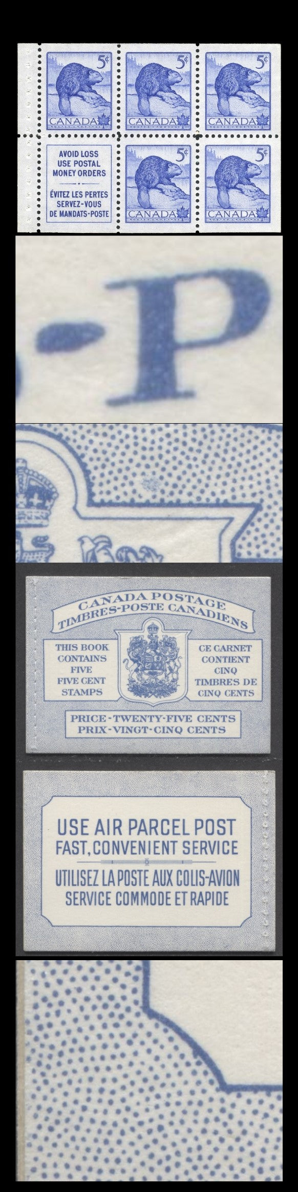 Canada #BK48bB 1954 Wildlife Issue, A Complete 25c Bilingual Booklet Made Up Of 5c Blue, One Pane Of 5+Label, Front cover IIIg, Back Cover Mi, Type II Cover, Horizontal Ribbed Paper, Stitched Cover