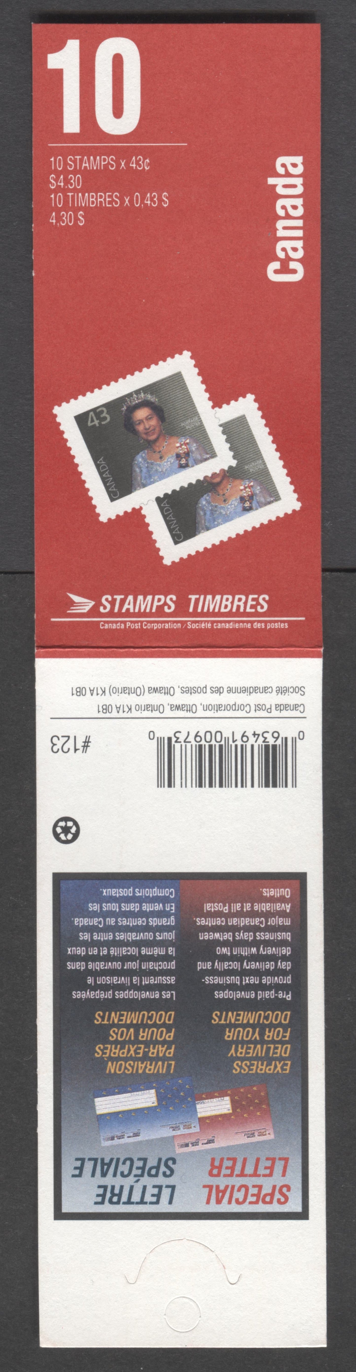 Canada BK155b 1992-1994 Definitive Issue, A 43c Multicolored Booklet, Unsealed, HB Cover Cover Stock, Coated Papers Paper, 2 Small Stamps' & 'Special Letter' Covers, AP Printing, Perf 13.1 x 13.6, 49c & 86c Rates