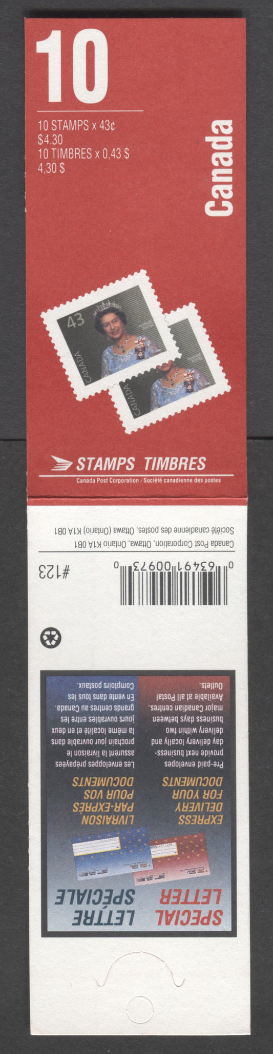 Canada BK155b 1992-1994 Definitive Issue, A 43c Multicolored Booklet, Unsealed, HB Cover Cover Stock, Coated Papers Paper, 2 Small Stamps' & 'Special Letter' Covers, AP Printing, Perf 13.1 x 13.6, 49c & 86c Rates