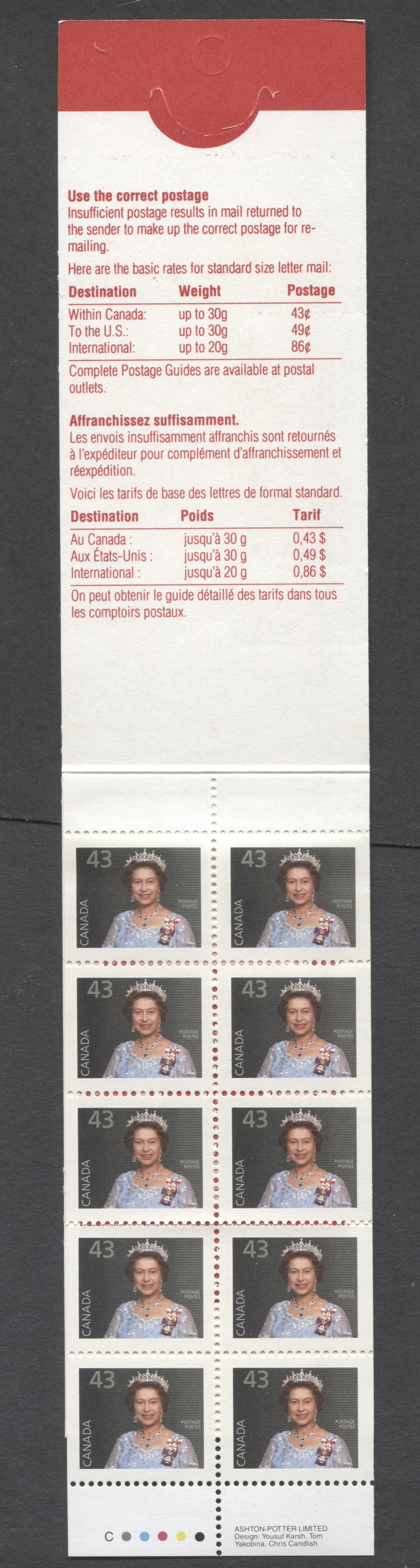 Canada BK155b 1992-1994 Definitive Issue, A 43c Multicolored Booklet, Unsealed, HB Cover Cover Stock, Coated Papers Paper, 2 Small Stamps' & 'Special Letter' Covers, AP Printing, Perf 13.1 x 13.6, 49c & 86c Rates