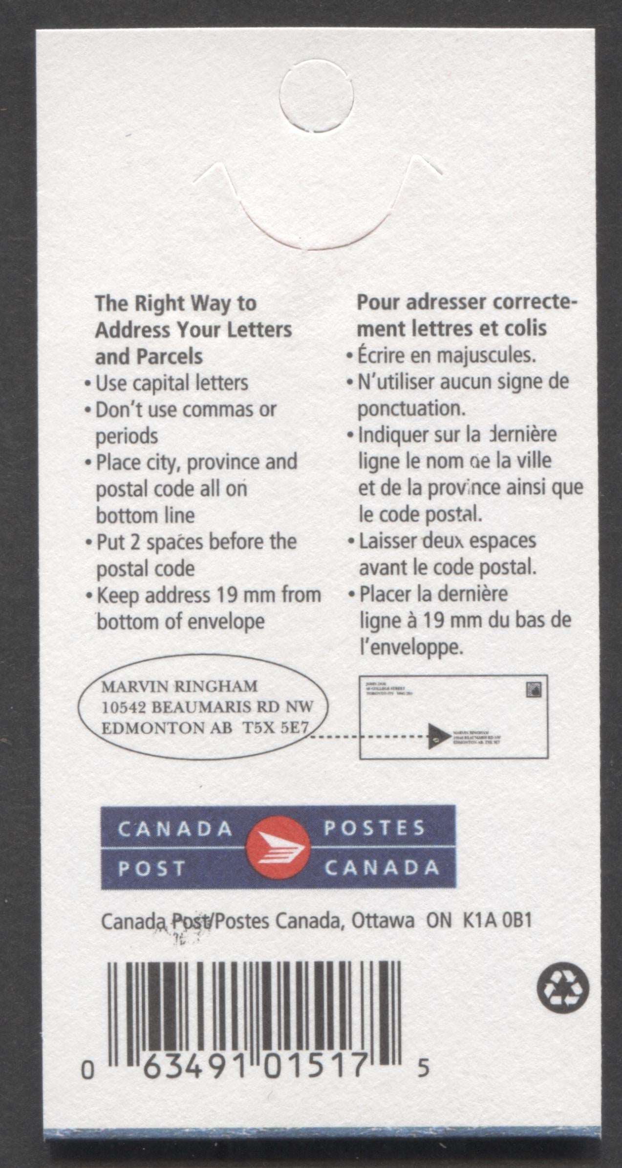 Canada #BK214a 1998-1999 Definitive Issue, A 46c Multicolored Booklet, Sealed Cover, TRC Paper, HB Cover Stock, '3 Flags' & 'The Right Way To Address' Covers With Recycle Symbol, New CP Logo & 9 Lines Of Text, CBN Printing, Perf 13 x 13.5