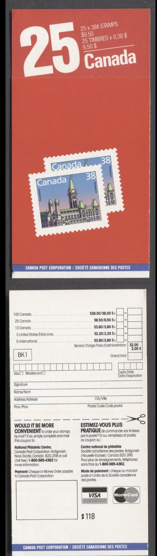 Canada #BK103a 1989 Parliament Buildings Issue, A 38c Multicolored Booklet, Sealed, Matte & 3/4 Shiny MF Stock, Slater Paper, 2 Stamps' & 'Stamps by mail..?' Covers, AP Printing, Perf 13.1 x 13.6, Sliver Of Left Tag Bar On Left Label