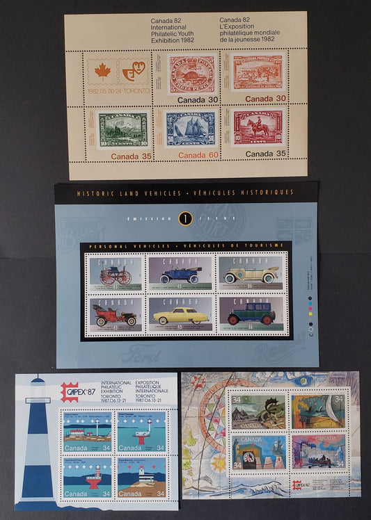 Canada #913a, 1066b, 1107b, 1490 30c-86c Multicolored, 1982-1993 Canada Day - Historic Land Vehicle Issues, 4 VFNH Souvenir Sheets