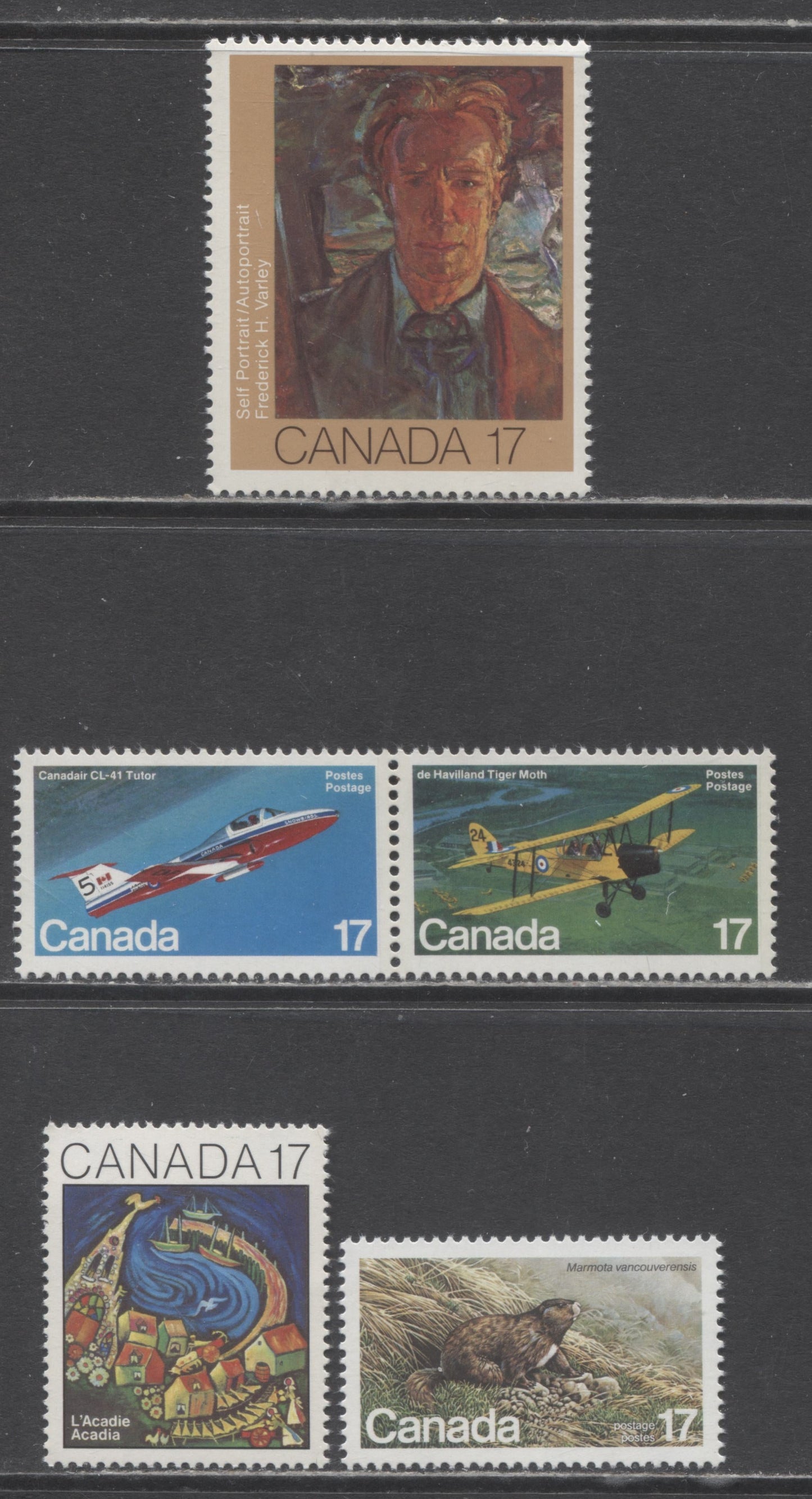 Canada #888i, 898i, 904ai 17c Multicolored Self Portrait - de Havilland Tiger Moth, 1981 Commemoratives, 3 VFNH Singles & Pair With LF & DF Scarcer Papers