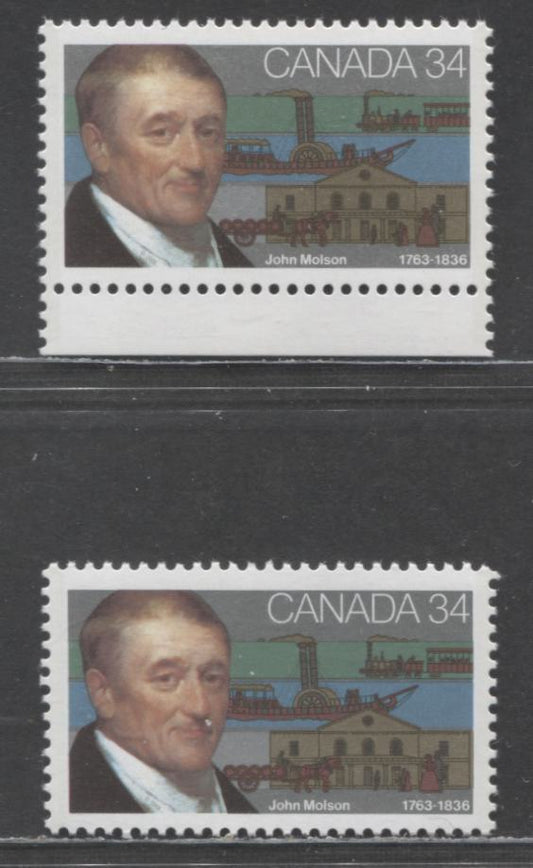 Canada #1117,i 34c Multicolored John Molson, 1986 John Molson Issue, 2 VFNH Singles On LF/DF & LF/LF Rolland Papers