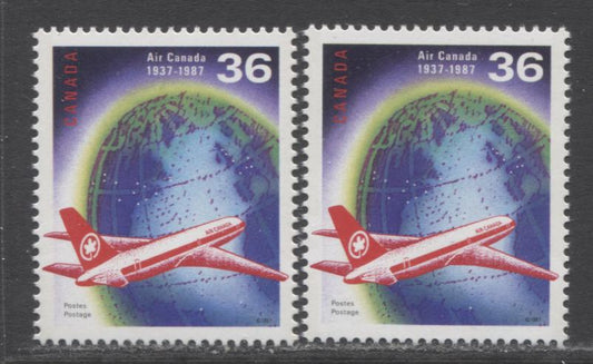 Canada #1145,var 36c Multicolored Jet Over Globe, 1987 Air Canada Issue, 2 VFNH Singles With Unlisted DF/DF & DF/F Papers